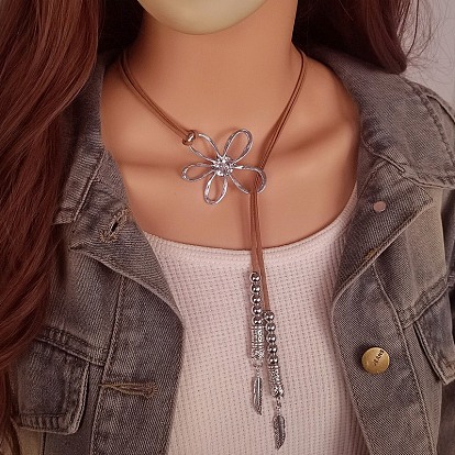 Полые цветы в стиле бохо сплав подвеска верблюжья искусственная замша шнур лариат ожерелья для женщин