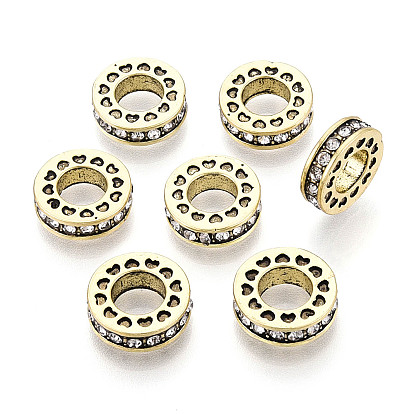 Alloy European Beads, Large Hole Beads, with Rhinestone, Flat Round