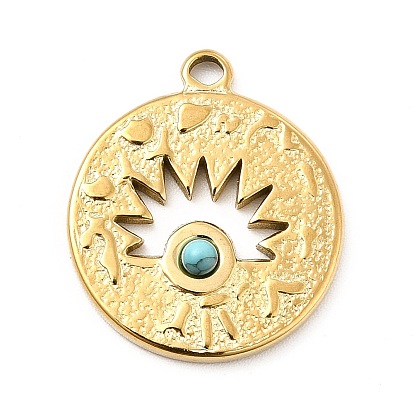 Synthetic Turquoise Pendants, Flat Round Charms, Ion Plating(IP) 304 Stainless Steel Findings