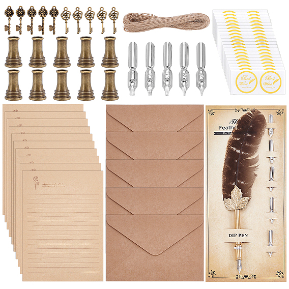 Stationery Set, include Brass Signature Pen, Alloy Pendants, Stationery Paper, Paper Gilding Self Adhesive Stickers, Blank Kraft Paper Envelopes, Alloy Dip Pen Holder