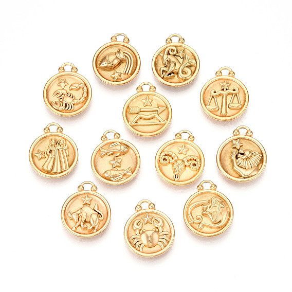 304 подвески из нержавеющей стали, плоский круглый шарм с двенадцатью созвездиями, реальный 18 k позолоченный, ионное покрытие (ip)