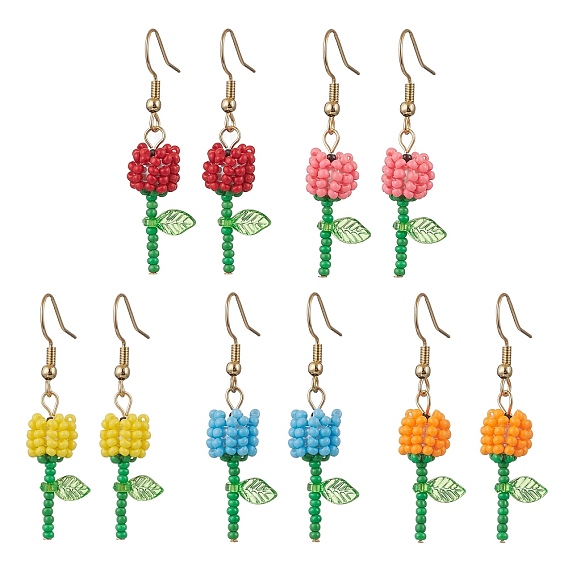 Круглые стеклянные бусины класса А, серьги-подвески в виде цветка, с прозрачными акриловыми подвесками и 304 булавками с плоской головкой из нержавеющей стали и 304 крючками для сережек из нержавеющей стали, золотые