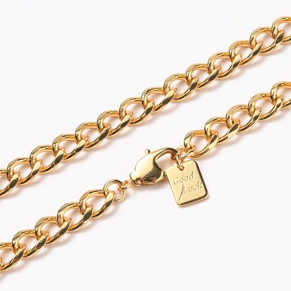 Men's Brass Cuban Link Chain Necklaces, with Lobster Claw Clasps, Long-Lasting Plated, Word Good Luck