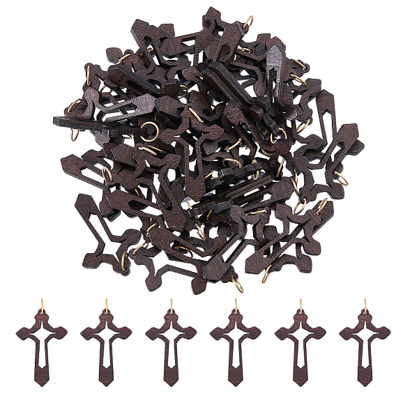 50 Подвески из креста из дерева, с открытыми пружинными кольцами из нержавеющей стали 304