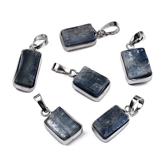 Natural Kyanite/Cyanite/Disthene Pendants, with Platinum Tone Brass Edge and Iron Snap on Bails, Rectangle, Lead Free & Cadmium Free