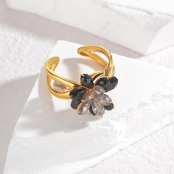 304 регулируемые манжетные кольца из нержавеющей стали со стеклянным кристаллом, цветок, для женщин