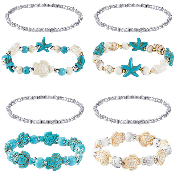 8Шт. браслет из синтетических бирюзовых бусин с изображением черепахи и морской звезды