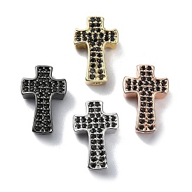 Rack Plating Brass Micro Pave Cubic Zirconia Beads, Long-Lasting Plated, Lead Free & Cadmium Free, Cross, Black