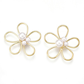 Brass Wire Beads, Real 18K Gold Plated, with ABS Plastic Imitation Pearl, Flower, Creamy White