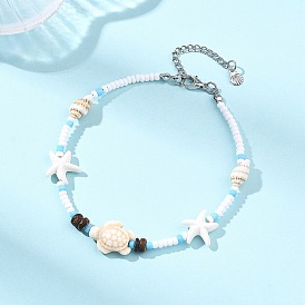 Браслеты на лодыжку в стиле бохо: морская черепаха и морская звезда, панцирь и бирюзовые бусины из искусственной бирюзы., стекло семян из бисера браслеты