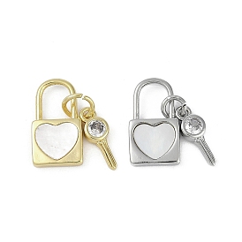 Brass Pave Natural Shell Charms, Clear Cubic Zirconia Key & Lock Charms