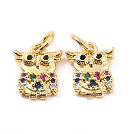 Rack Plating Brass Micro Pave Cubic Zirconia Charms, with Jump Ring, Cadmium Free & Lead Free, Owl