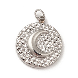 304 Stainless Steel Charms, with Jump Ring, Textured, Flat Round with Moon Pattern
