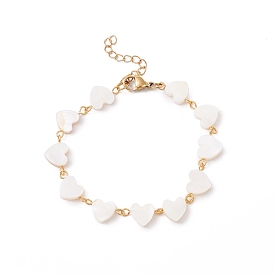 Natural Shell Heart Link Chain Bracelet, 304 Stainless Steel Jewelry for Women, Golden
