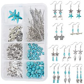 DIY-Ohrringherstellung mit Ozeanmotiv, mit synthetischen Türkis Perlen, Messing Ohrhaken, Legierungsperlen und Anhänger