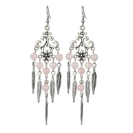 Natural & Synthetic Mixed Gemstone Beaded Chandelier Earrings, Alloy Feather Tassel Earrings with 304 Stainless Steel Pins