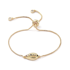 Brass Slider Bracelets, Bolo Bracelets, with Brass Micro Pave Cubic Zirconia Link and Cardboard Box, Lead Free & Cadmium Free, Cowrie Shell