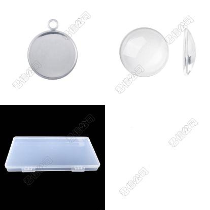 Kit de fabrication de pendentif rond plat en forme de dôme vierge à faire soi-même, y compris 304 cabochons pendants en acier inoxydable, Cabochons en verre
