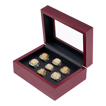 Wooden Championship Ring Organizer Boxes with Acrylic Visible Window Lid and PU Leather Inside, Rectangle