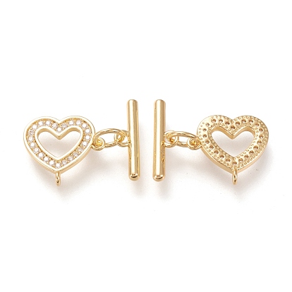 Brass Micro Pave Clear Cubic Zirconia Toggle Clasps, Long-Lasting Plated, Heart & Bar