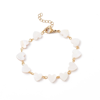Natural Shell Heart Link Chain Bracelet, 304 Stainless Steel Jewelry for Women, Golden