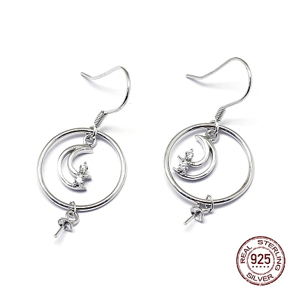 925 Sterling Silver Dangle Earring Findings, with Cubic Zirconia, For Half Drilled Beads, Moon, Clear