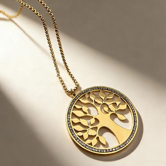 304 Подвеска в виде дерева жизни из нержавеющей стали с кристаллами и стразами, цепочка-коробочка для женщин