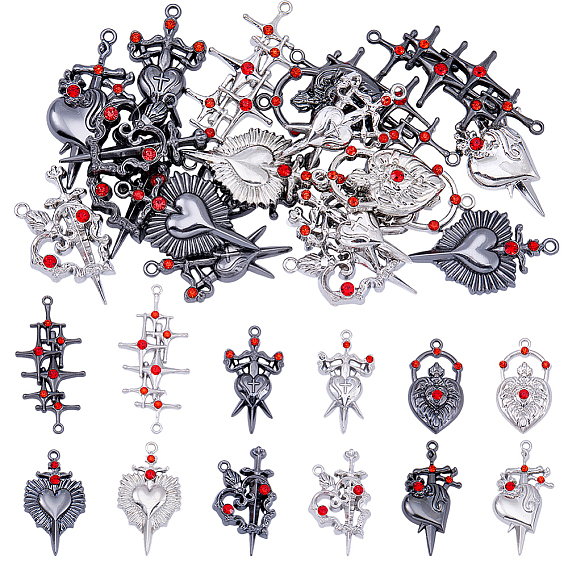 24шт 12 стили подвески со стразами из сплава, ссылки на крестиковые сердца, разнообразные