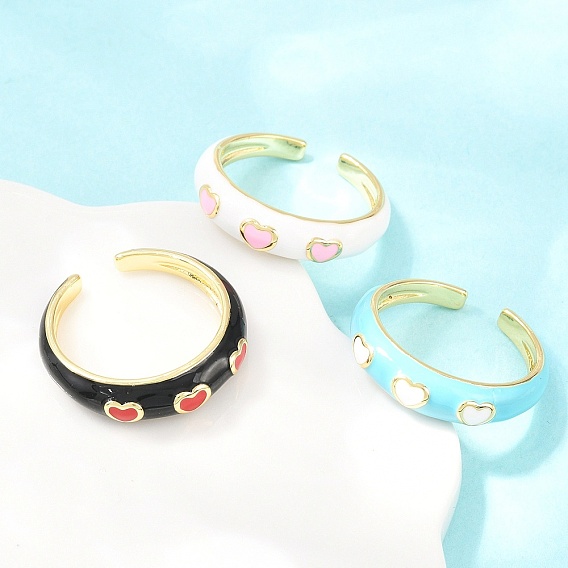 Brass Enamel Cuff Open Rings, Heart, Cadmium Free & Lead Free, Long-Lasting Plated, Rack Plating, Real 18K Gold Plated