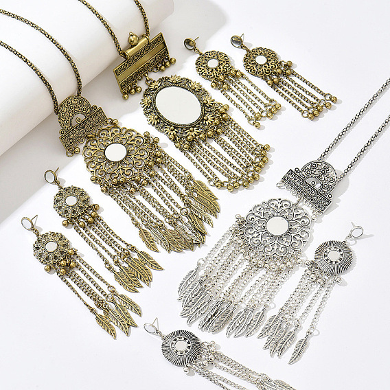 Винтажный ювелирный набор с подвеской в виде цветка и зеркала из сплава, Богемное колье и серьги с кисточками для женщин