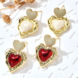Серьги-гвоздики с эмалью в форме сердца из латуни, без кадмия и без свинца, долговечный, стойки покрытие, реальный 18 k позолоченный