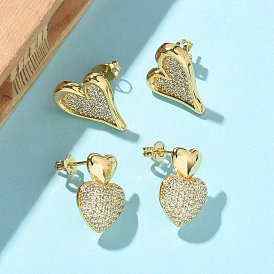 Женские серьги-гвоздики из латуни с микропаве и прозрачным кубическим цирконием, сердце