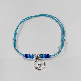 Alloy Flat Round with Wave Charm Bracelet, Glass Seed Braided Bead Adjustable Bracelet with Waxed Cotton Cords