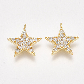 Brass Micro Pave Cubic Zirconia Charms, Nickel Free, Real 18K Gold Plated, Star, Clear