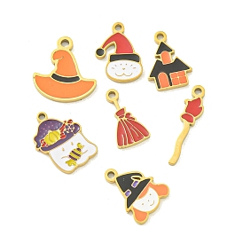 Halloween Theme Ion Plating(IP) 304 Stainless Steel Enamel Pendants, Golden, Broom/Witch/Ghost/Cat Charm