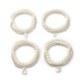 2Pcs 2 Style Alloy Charm Multi-strand Bracelets Set, Heart Pattern Acrylic Beaded Stretch Bracelets with Synthetic Hematite for Women