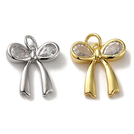 Rack Plating Brass Micro Pave Clear Cubic Zirconia Pendants, Lead Free & Cadmium Free, Long-Lasting Plated, Bowknot