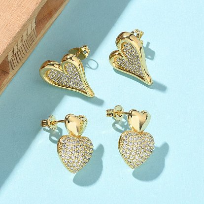 Женские серьги-гвоздики из латуни с микропаве и прозрачным кубическим цирконием, сердце