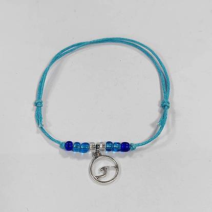 Alloy Flat Round with Wave Charm Bracelet, Glass Seed Braided Bead Adjustable Bracelet with Waxed Cotton Cords
