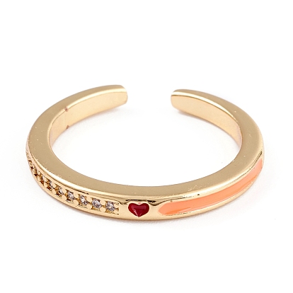 Brass Clear Cubic Zirconia Cuff Rings, Open Rings, Long-Lasting Plated, with Enamel, Real 18K Gold Plated, Heart