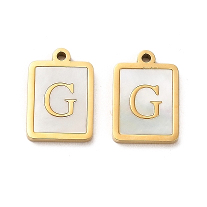 304 Stainless Steel Pendants, with Shell, Rectangle Charms with Letter, Real 14K Gold Plated
