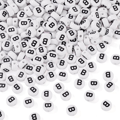 500шт акриловые бусины, с горизонтальным отверстием, буквы, плоско-круглые