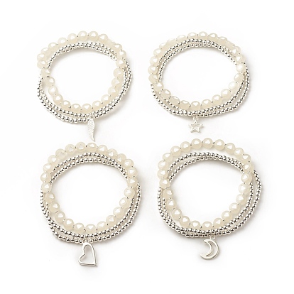 2Pcs 2 Style Alloy Charm Multi-strand Bracelets Set, Heart Pattern Acrylic Beaded Stretch Bracelets with Synthetic Hematite for Women