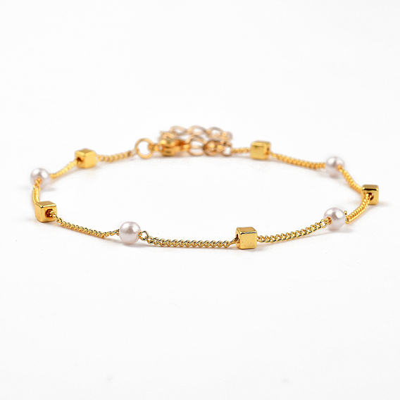 Brass Beaded Bracelets, with Curb Chains, Plastic Imitation Pearl and 304 Stainless Steel Lobster Claw Clasps, Cube
