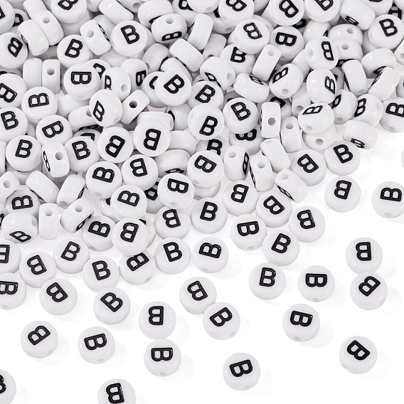 500шт акриловые бусины, с горизонтальным отверстием, буквы, плоско-круглые