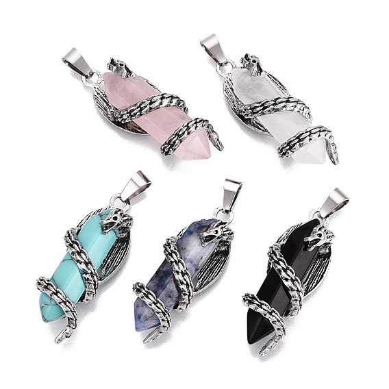 Natural & Synthetic Gemstone Double Terminal Pointed Pendants, Alloy Dragon Wrapped Faceted Bullet Charms, Antique Silver
