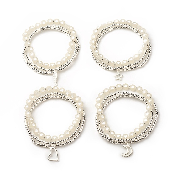 2Pcs 2 Style Alloy Charm Multi-strand Bracelets Set, Heart Pattern Acrylic Beaded Stretch Bracelets with Synthetic Hematite for Women