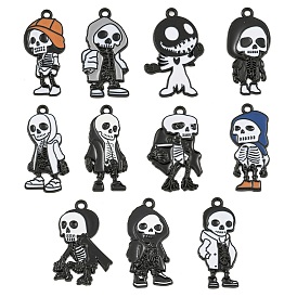 Halloween Alloy Enamel Pendants, Black, Skeleton Charm