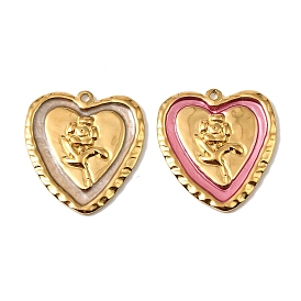 304 подвески из нержавеющей стали, сердце с цветочными подвесками, с эмалью, реальный 18 k позолоченный, ионное покрытие (ip)