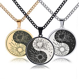 Titanium Steel Men's Creative Sun Moon Yin-Yang Tai Chi Pendant Necklaces, Retro Ethnic Style Personality Sweater Curb Chain Necklaces